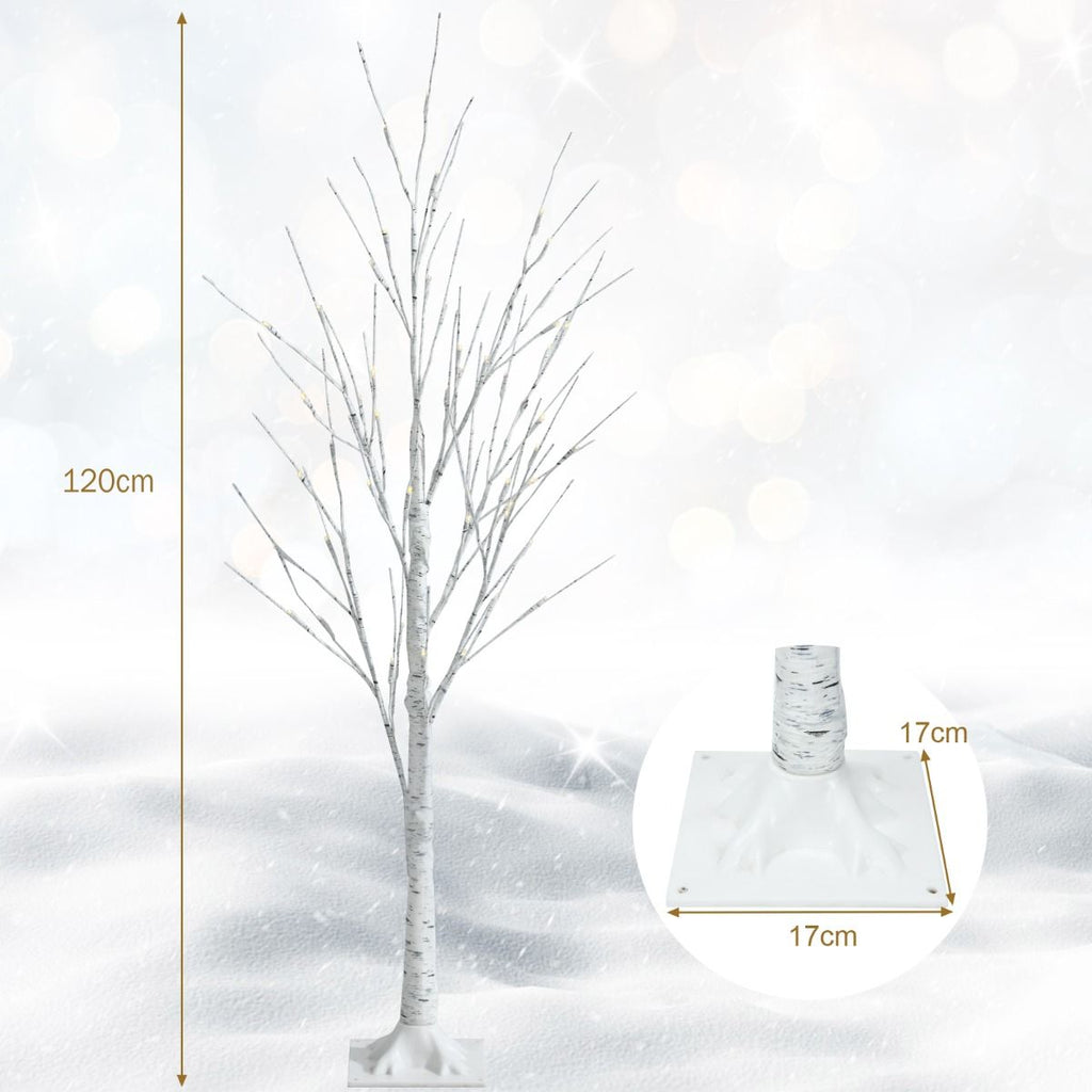 Arbre De Noël Bouleau Blanc Chaud Artificiel 120Cm Avec 48 LED Lumineux Base Plastique Décoration Intérieur Pour Noël