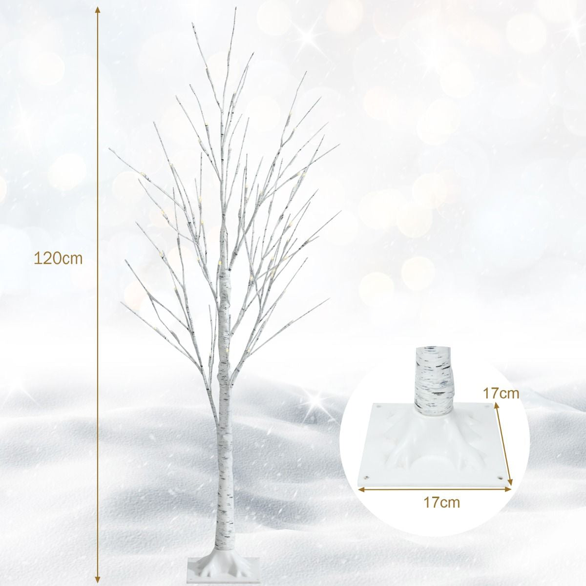 Arbre De Noël Bouleau Blanc Chaud Artificiel 120Cm Avec 48 LED Lumineux Base Plastique Décoration Intérieur Pour Noël