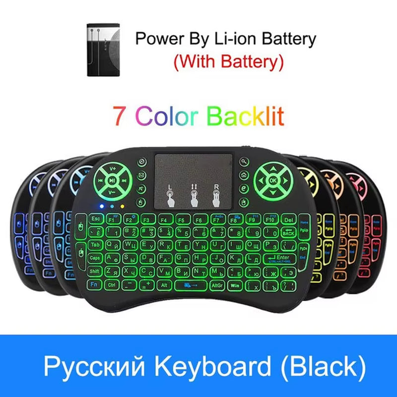 7 Colors I8 Keyboard Backlight English Russian Air Mouse Wireless Touchable Remote Control for Smart TV Box Desktop Touchpad PC