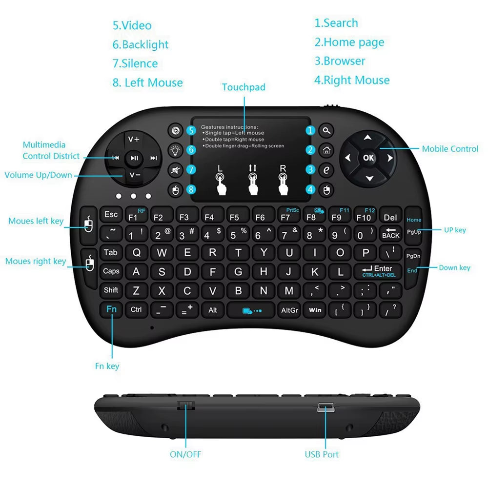 7 Colors I8 Keyboard Backlight English Russian Air Mouse Wireless Touchable Remote Control for Smart TV Box Desktop Touchpad PC