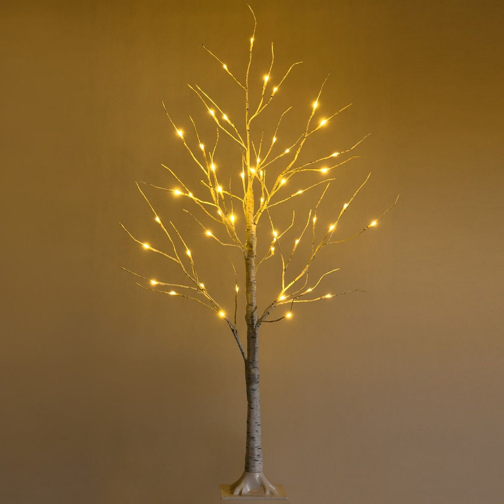 Arbre De Noël Bouleau Blanc Chaud Artificiel 120Cm Avec 48 LED Lumineux Base Plastique Décoration Intérieur Pour Noël