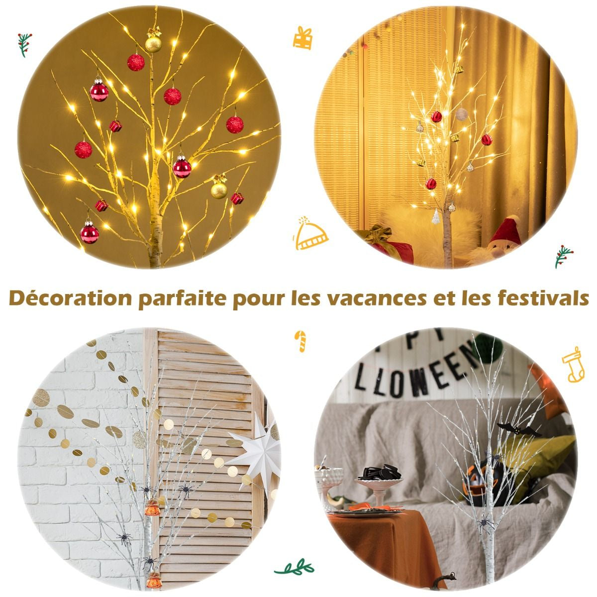 Arbre De Noël Bouleau Blanc Chaud Artificiel 120Cm Avec 48 LED Lumineux Base Plastique Décoration Intérieur Pour Noël