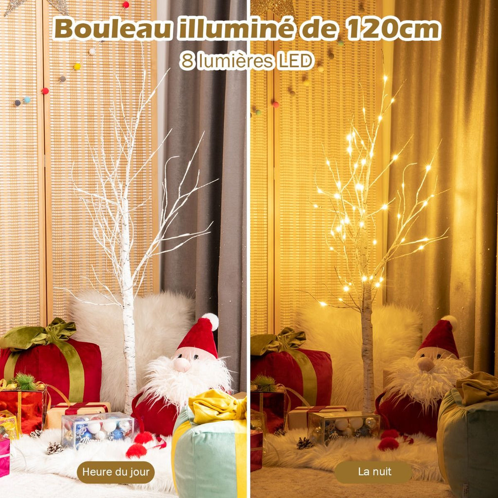 Arbre De Noël Bouleau Blanc Chaud Artificiel 120Cm Avec 48 LED Lumineux Base Plastique Décoration Intérieur Pour Noël