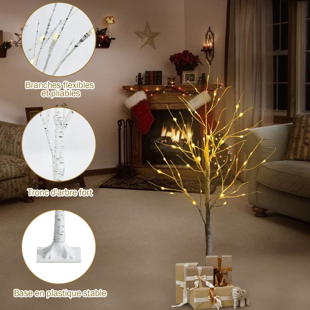 Arbre De Noël Bouleau Blanc Chaud Artificiel 120Cm Avec 48 LED Lumineux Base Plastique Décoration Intérieur Pour Noël