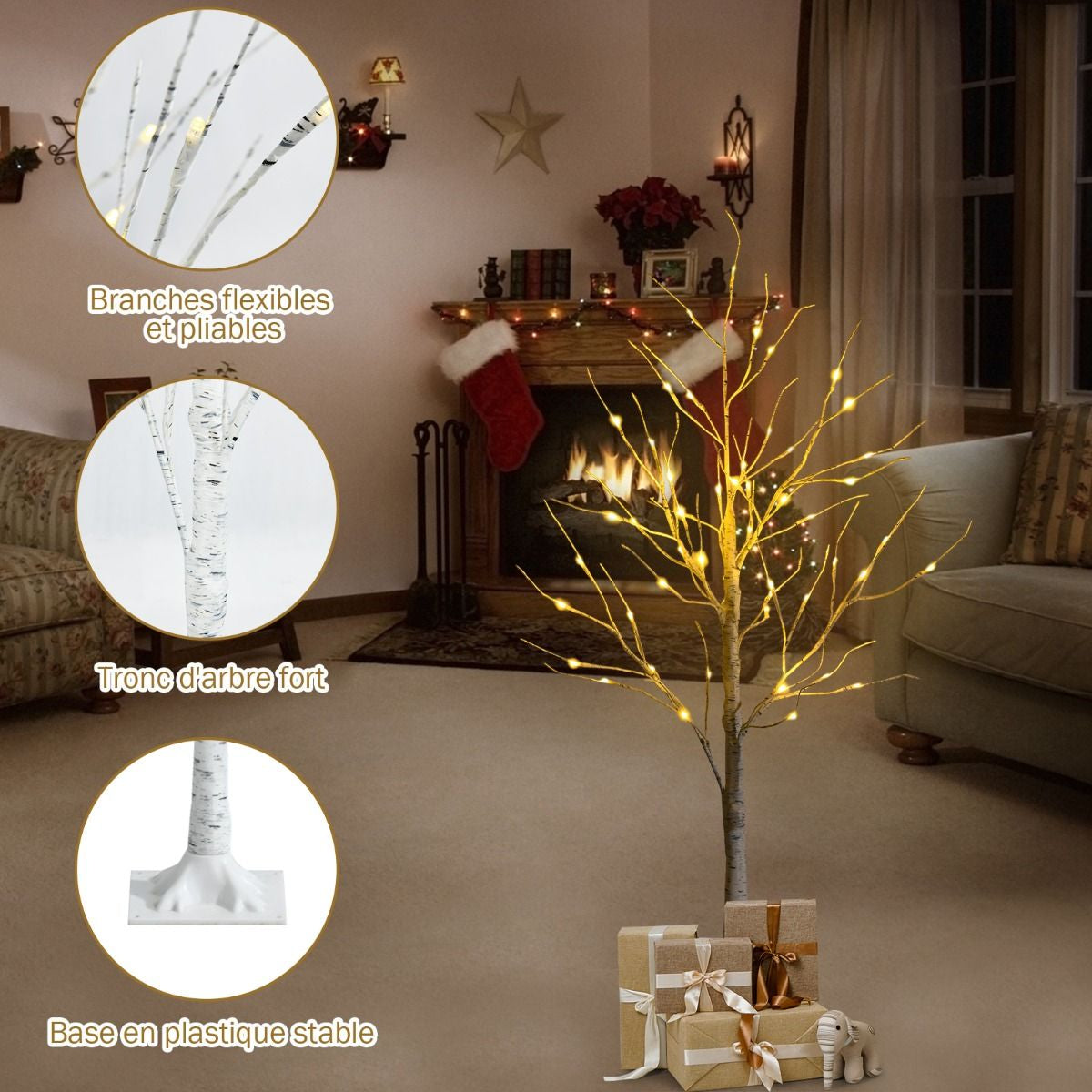 Arbre De Noël Bouleau Blanc Chaud Artificiel 120Cm Avec 48 LED Lumineux Base Plastique Décoration Intérieur Pour Noël