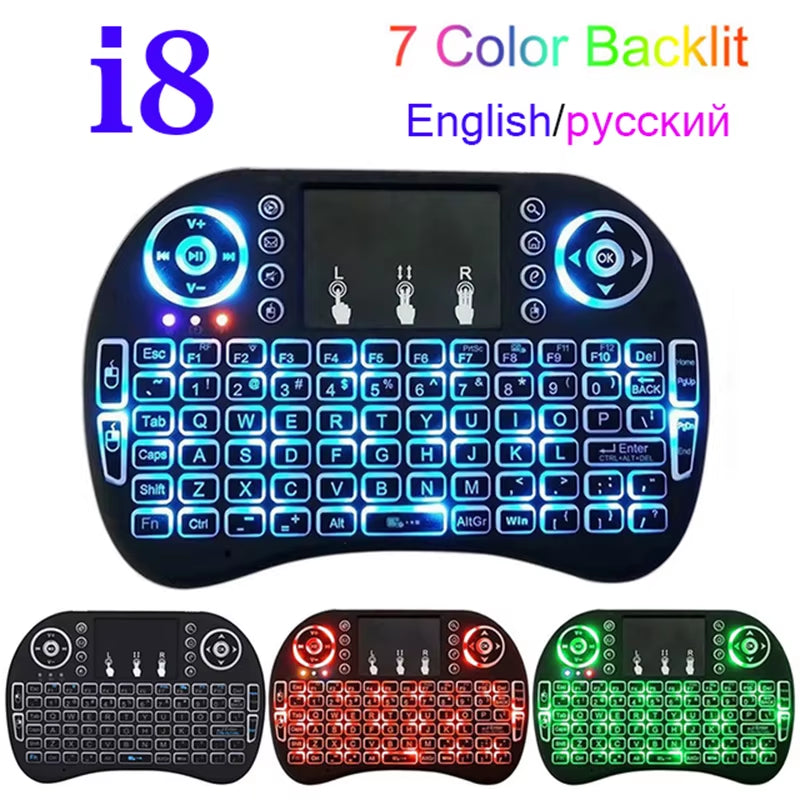 7 Colors I8 Keyboard Backlight English Russian Air Mouse Wireless Touchable Remote Control for Smart TV Box Desktop Touchpad PC